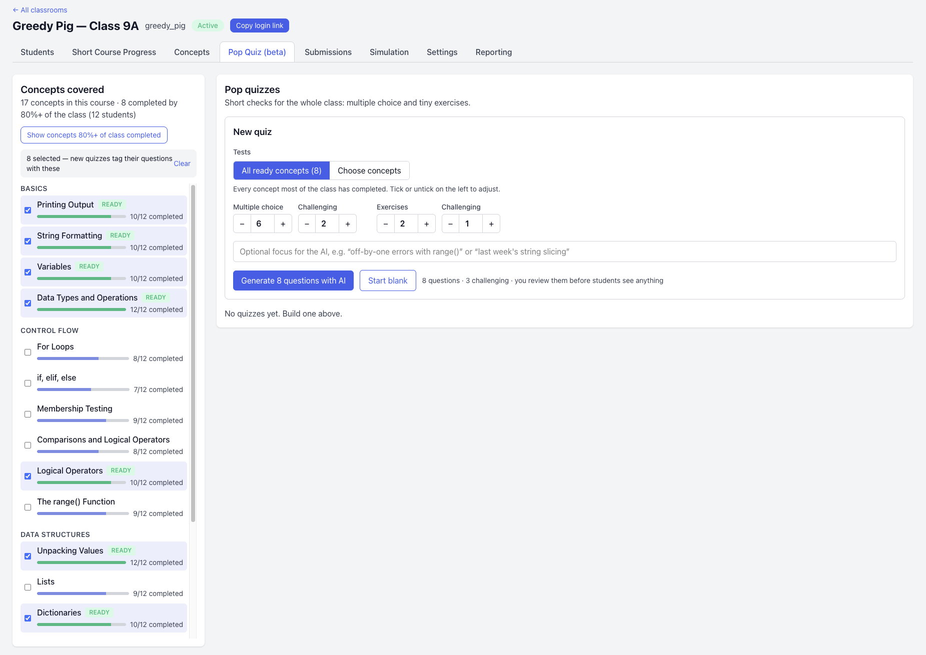 The pop quiz builder: concepts the class is ready to be assessed on are ticked on the left, and the AI generates a quiz from them